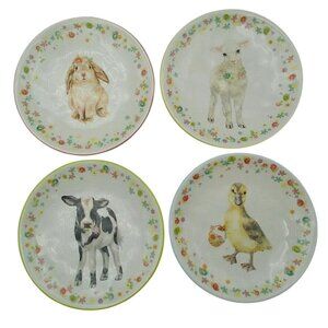 Pier 1 Spring Appetizer Plates Set of 4 Animals Duck Cow Lamb Bunny 6" Diameter